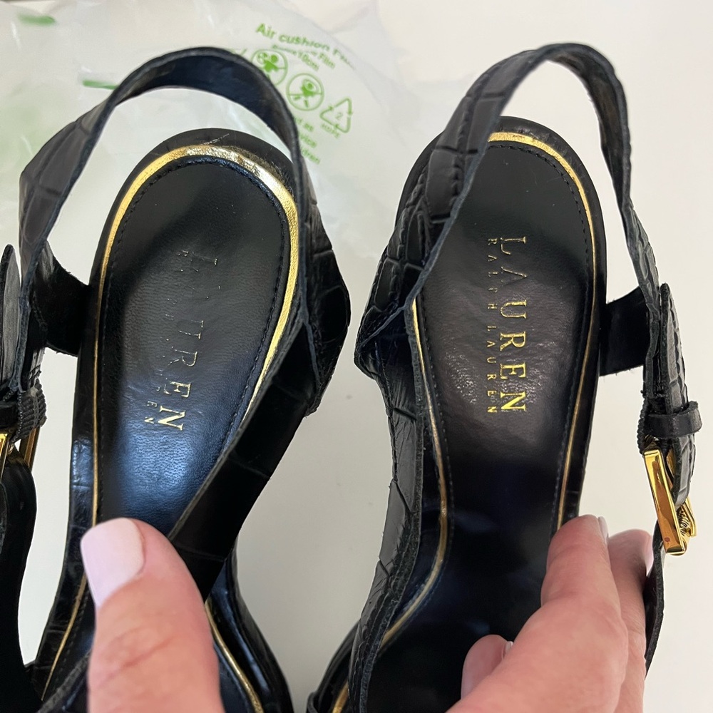 Ralph Lauren Black Croc-Embossed Leather Platform Heels with Gold Buckles - Picture 9 of 9